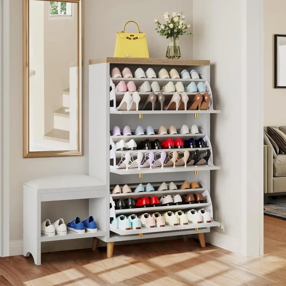 Shoe cabinet with 3 clamshell drawers, modern shoe cabinet with entrance stool, separate hidden shoe rack storage rack