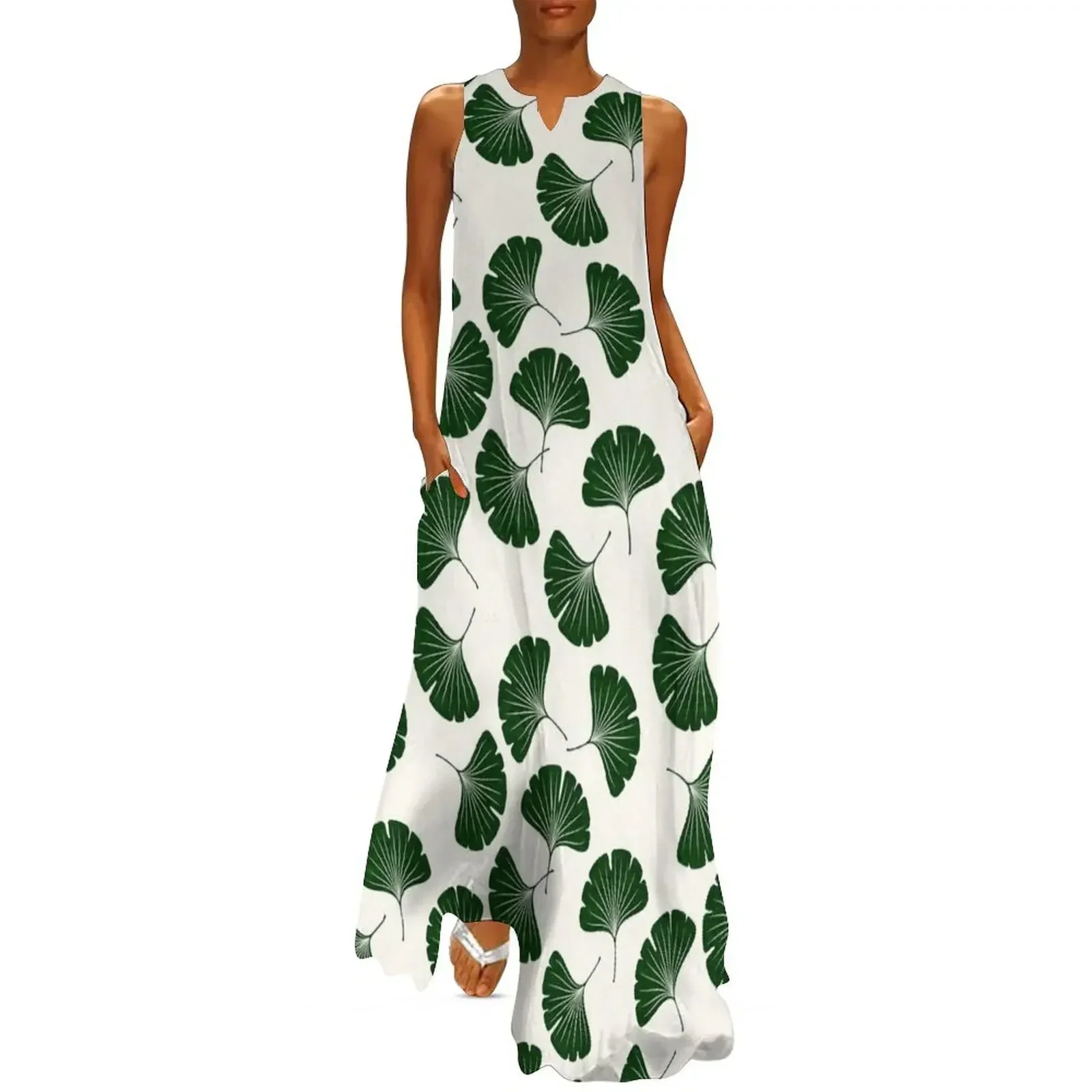 

Ginkgo biloba - gingko leaves - green/cream Long Dress Women's dress summer clothes for women dresses korean style Dress