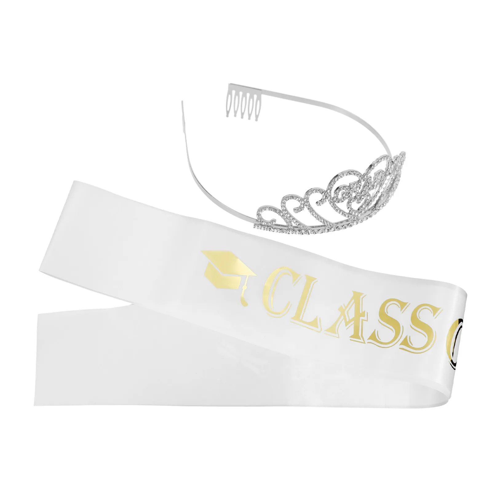 1Set Graduation Sash Crown Set Rhinestone Tiara Stable Wear Graduation Party Supplies 2024 Graduate Party Props Costume