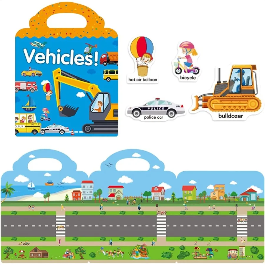 Livre d'autocollants réutilisables pour véhicules, camion, jouets éducatifs d'apprentissage, autocollants de voyage, livres d'activités pour petites filles Bo
