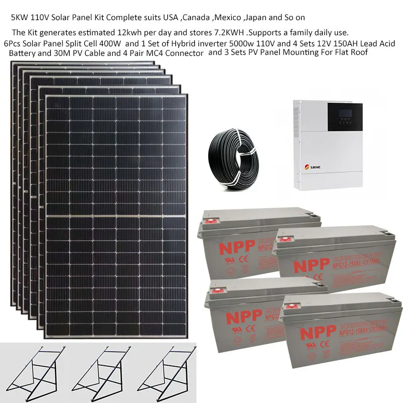 Solar System For Home Complete Kit 5000W 220V 110V Solar Panel 400W Battery Mounting Hybrid Inverter MPPT Off Grid  Villa Farm