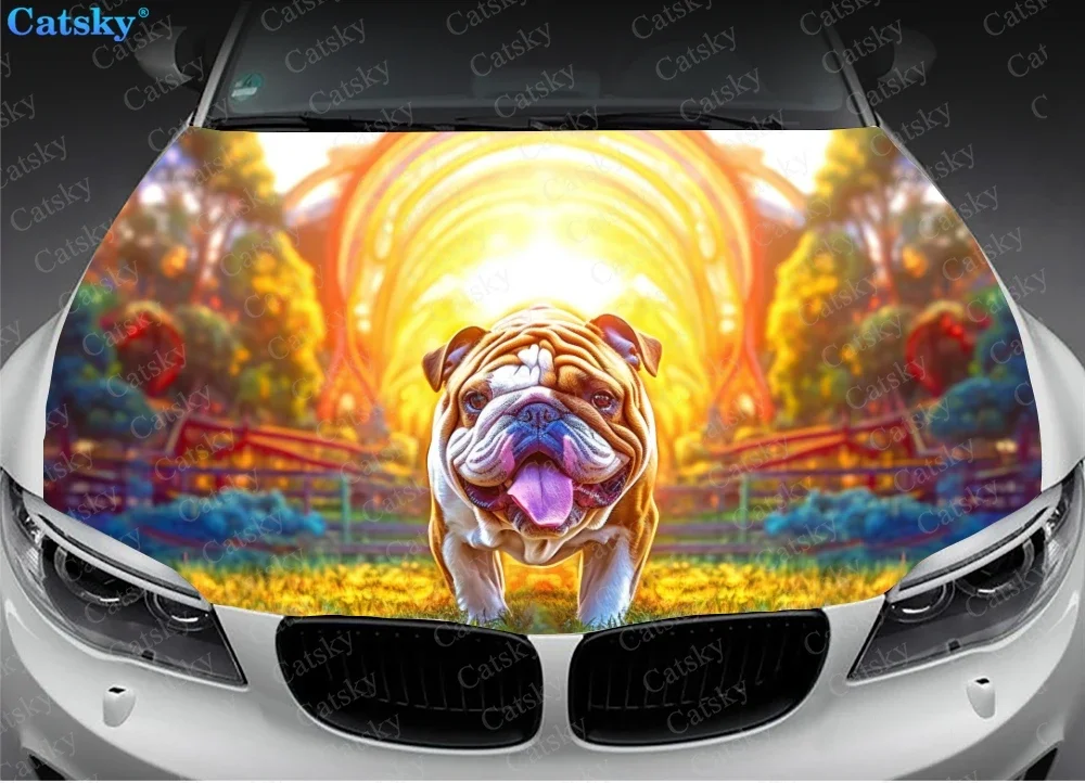 Colorful English Bulldog Car Hood Vinyl Stickers Wrap Vinyl Film Engine Cover Decals Sticker on Car Auto Accessories