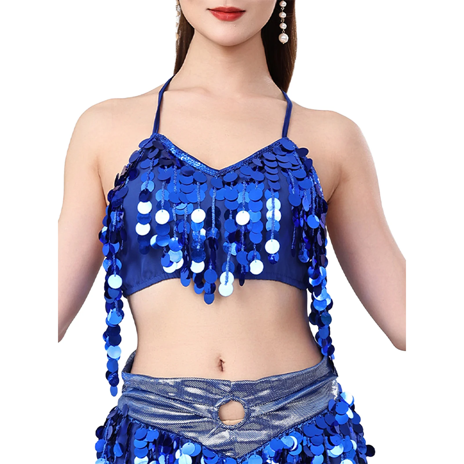 Femmes danse du ventre Performance Cotume hauts courts paillettes gland col en V licou coussinets de poitrine à lacets haut court Camisole vêtements de danse