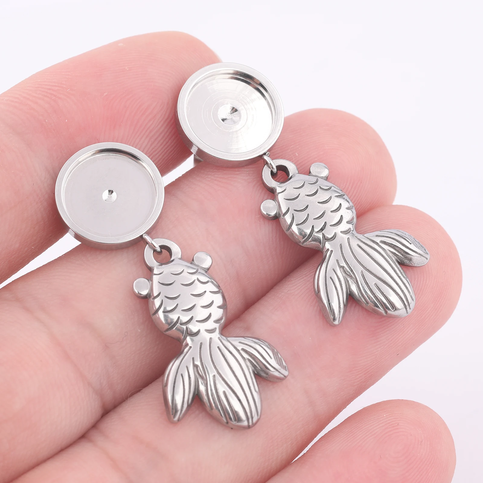 6pcs Stainlss Steel Fit 10mm Cabochon Earring Base Blank Studs With Fish Charms Diy Bezel Findings For Jewelry Making