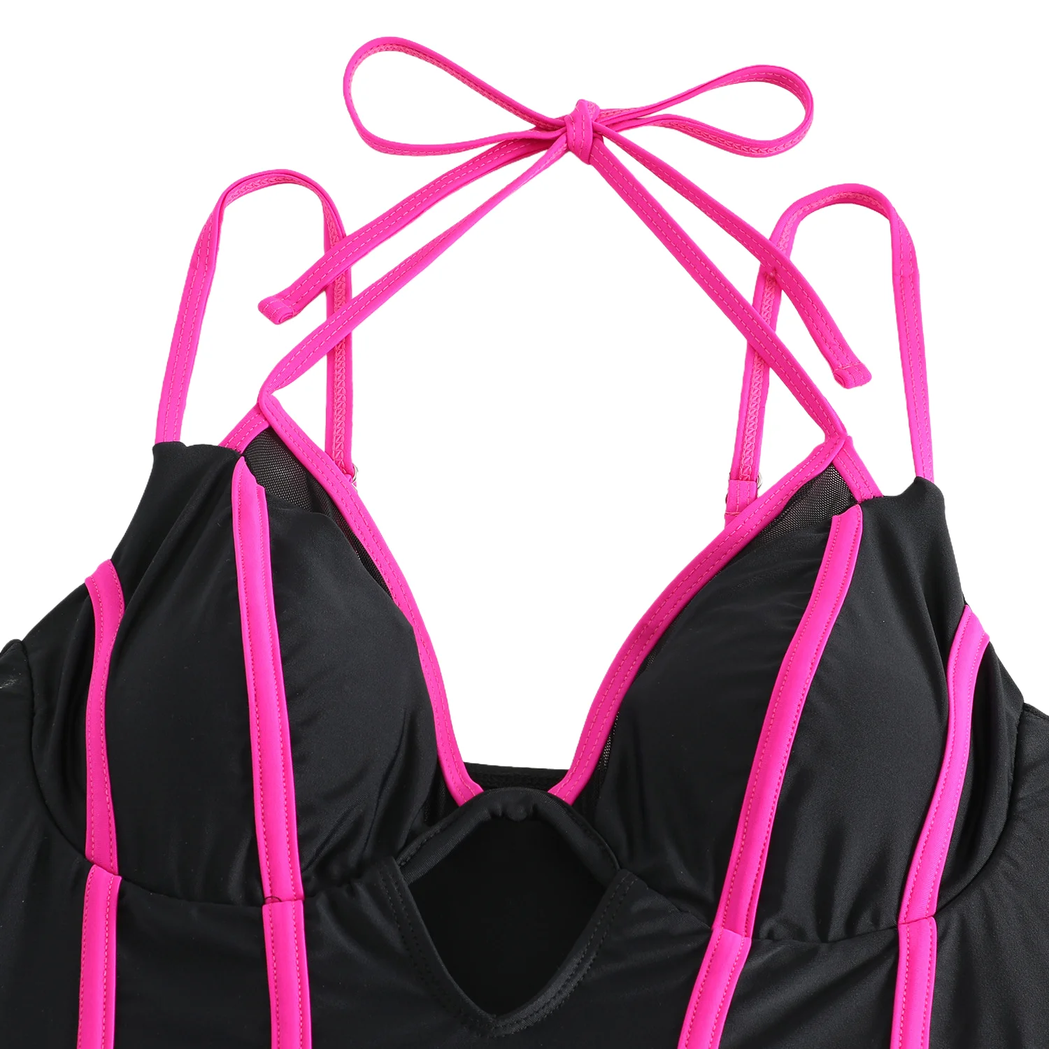 Traje de baño de una pieza negro y rosa para mujer, cuello halter, recorte, sexy, control de barriga, monokini, traje de baño de playa ajustable