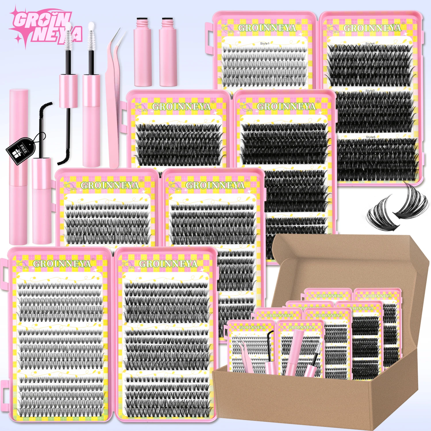 Zestaw do przedłużania rzęs GROINNEYA, rzęsy w kępkach, wodoodporne, mocne, do samodzielnego przedłużania, klej i utrwalacz do rzęs, pęseta do rzęs, makijaż