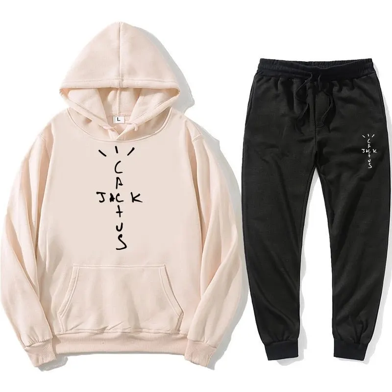 Cactus Jack Letter Print Hoodies Sets Streetwear Fleece Hoody And pants With Pockets Tracksuit Suits Cactus Sweatpants Suit