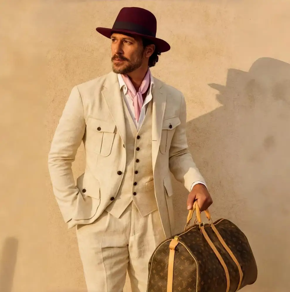

Beige Linen Men Suits 3 Pieces Safari Blazer Vest Pants Summer Men Suits Breathable Casual Formal Set for Male Daily Wear