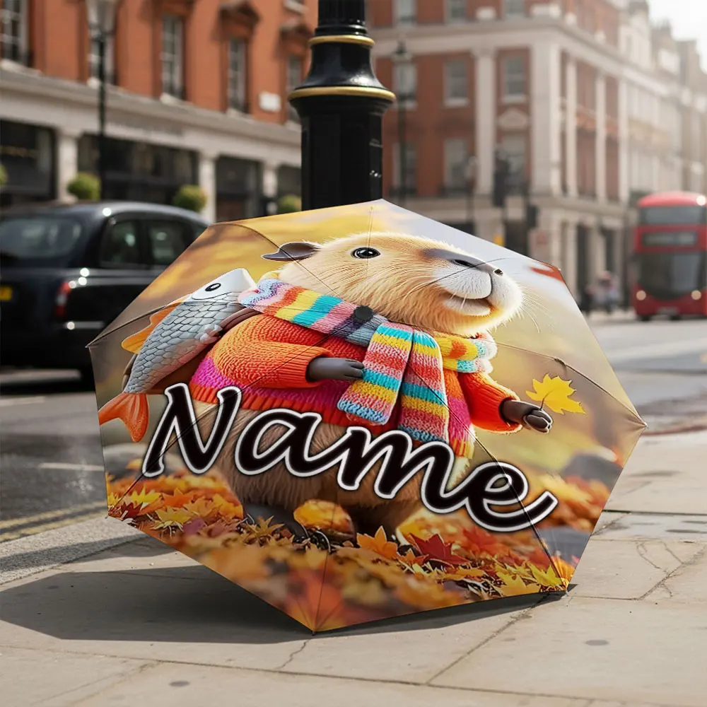 Custom Name Umbrella Autumn Capybara Knit Sweater Scarf Maple Leaf Fish Backpack Print Folding Umbrella Portable Travel Parasol