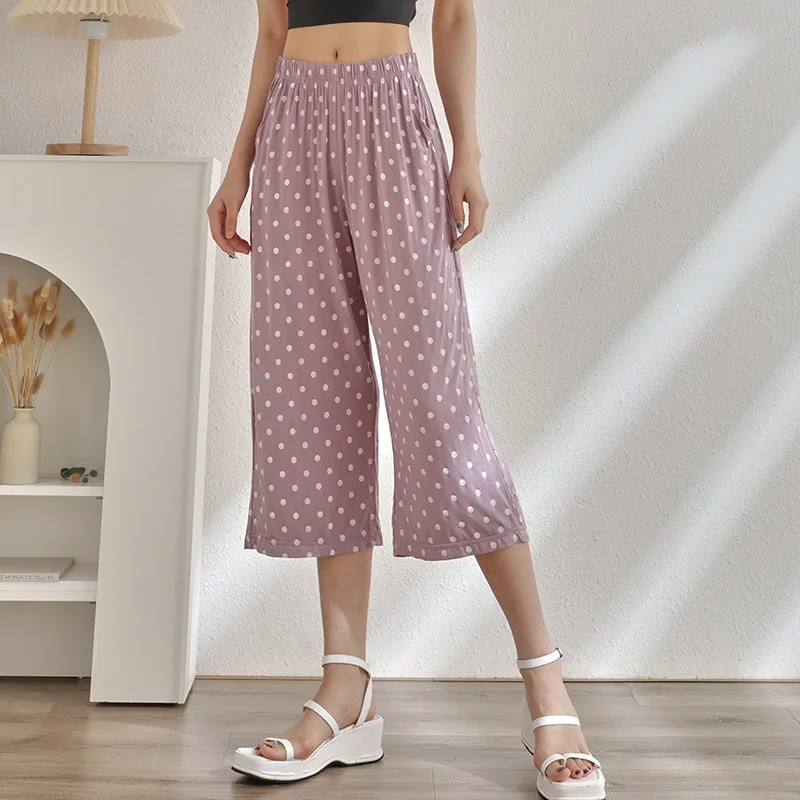 Zomer Casual Dames Losse Broek Dot Print Cropped Wijde Pijpen Grote Maat All-Match Broek Comfortabele Modale Thuisbroek