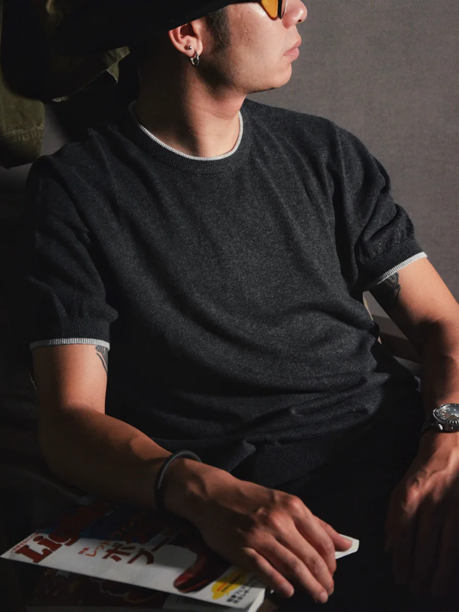 

Cashmere sweater men's thin summer round neck contrast color short sleeve simple luxury men's versatile T-shirt