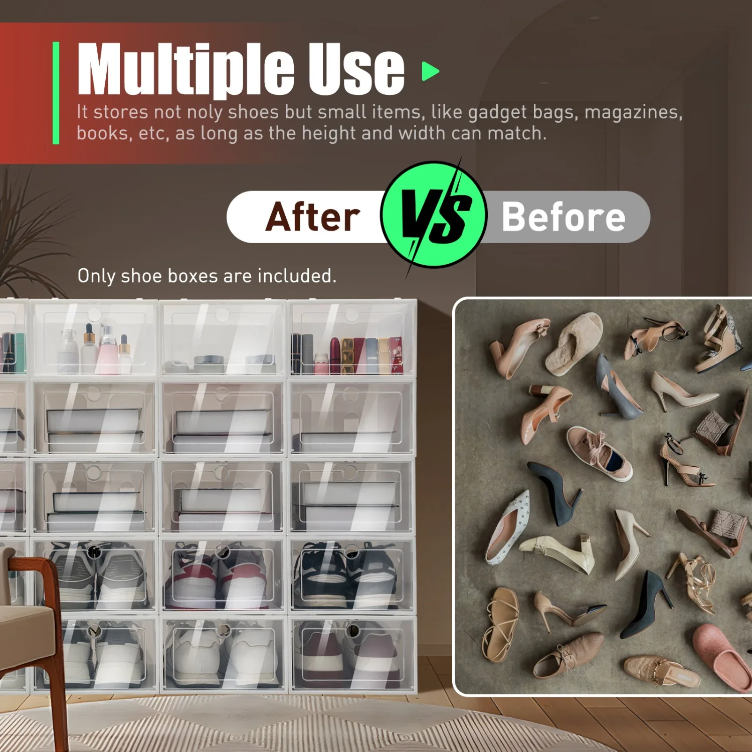 20 عبوة من صناديق تخزين الأحذية القابلة للطي: منظمات بلاستيكية شفافة قابلة للتكديس مع أغطية شفافة لعرض الأحذية الموفرة للمساحة