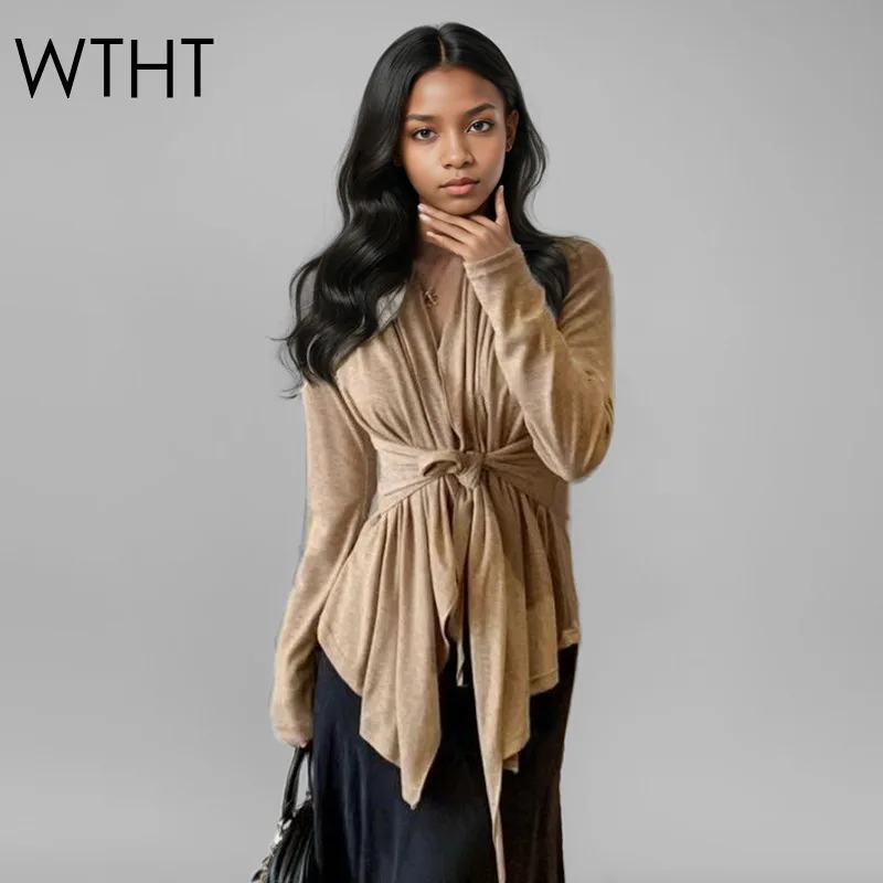 WTHT Fashion New Women's Wrinkled Multilayer Bandage Design Knit Cardigan 2025 Spring V-neck Long Sleeves Tops Female 1LS760