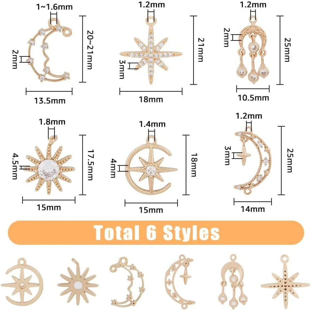 24Pcs 6 Styles Rhinestone Star Moon Charms Cubic Zirconia Sun Charms Light Gold Plated Hollow Celestial Moon Dangle Pendants