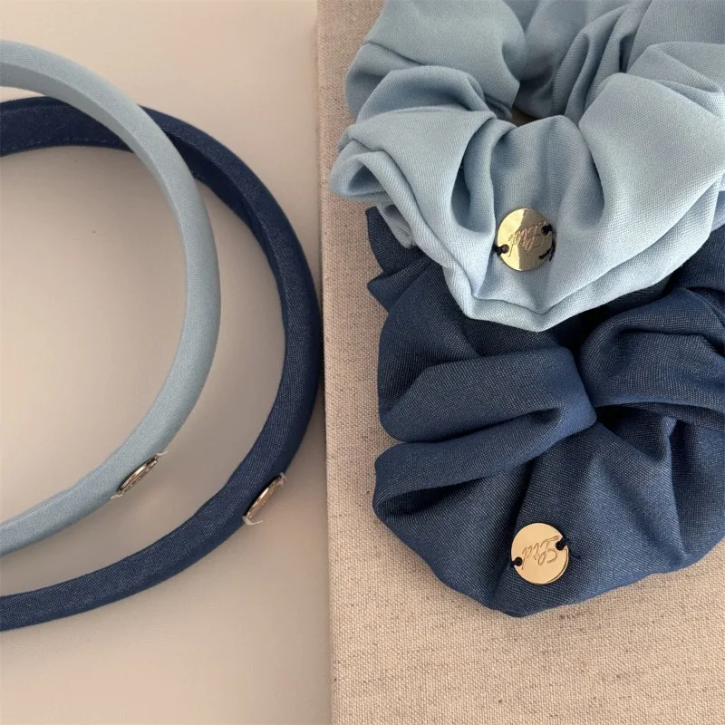 Simple and Elegant Gold Label Denim Blue Fresh Women\'s Solid Fabric Hair Band High Head Cap Band Large Intestine Ring Hair Ring