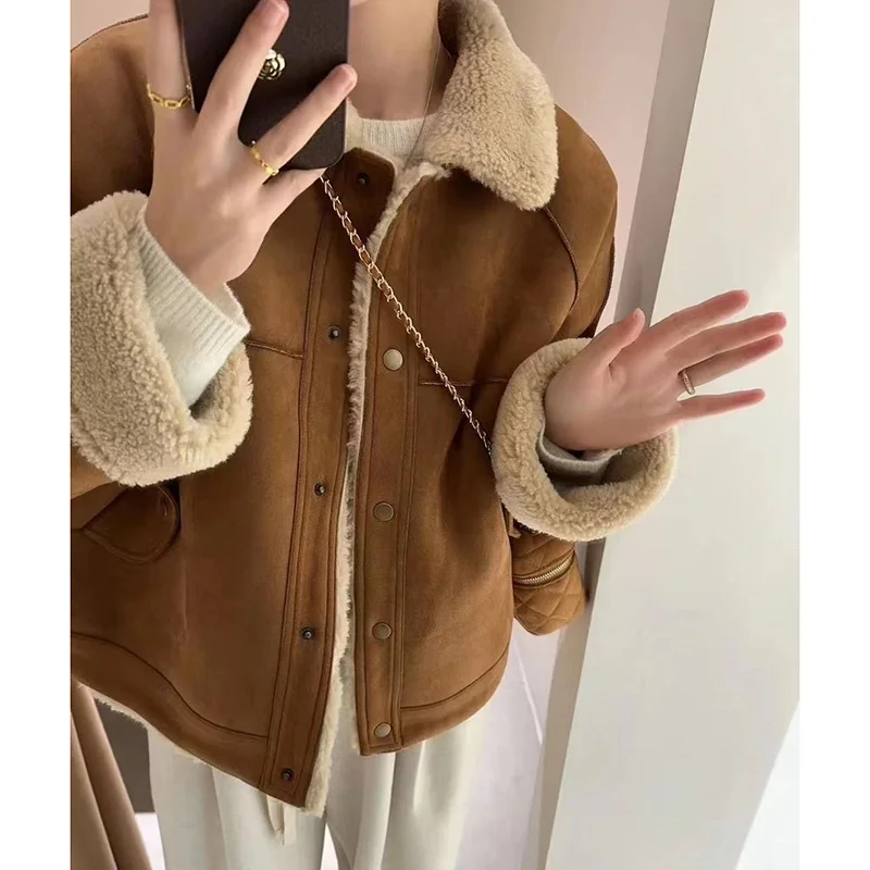 

Autumn Winter Lamb Fleece Jacket Women Thickened Fashionable Stylish Long Sleeve Suede Motorcycle Jacket Warm Coat Outerwear