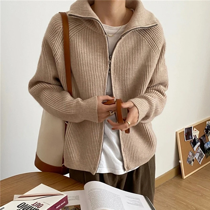 

2025 autumn winter loose outer wear lazy wind lapel sweater Korean turndown collar zipper knitted cardigan women's jacket coats