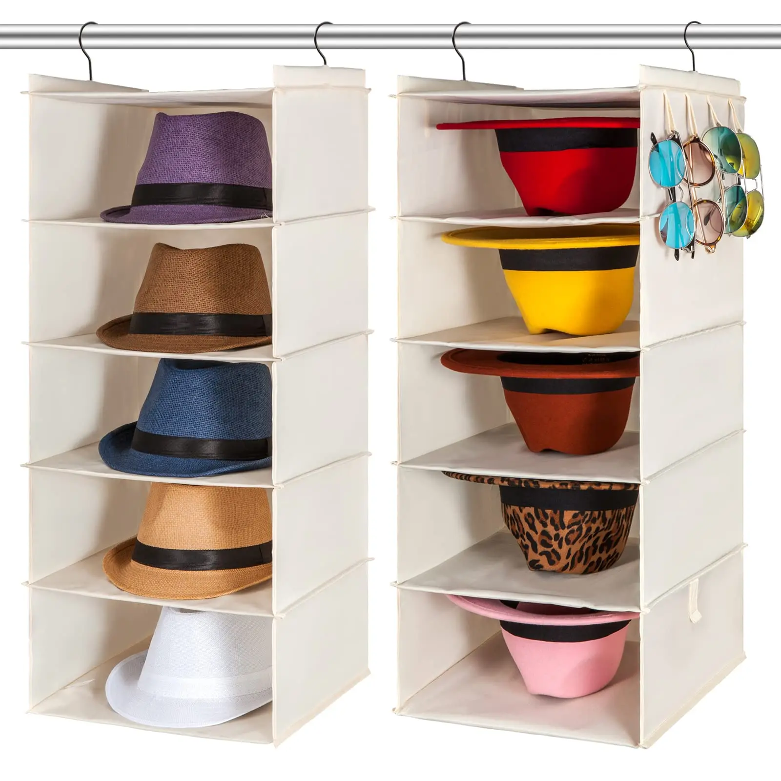 

Hanging Hat Organizer With 10 Compartments For Fedora Trilby Panama Straw And Wide Brim Hats Storage In Closet Beige