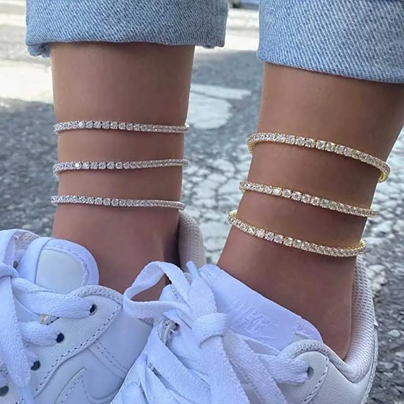 Iced Out Zircon Tennis Bracelet Anklet Chain For Women Dazzling 4mm Cubic Zirconia Silver Color Trend 2024 Foot Jewelry OHA001