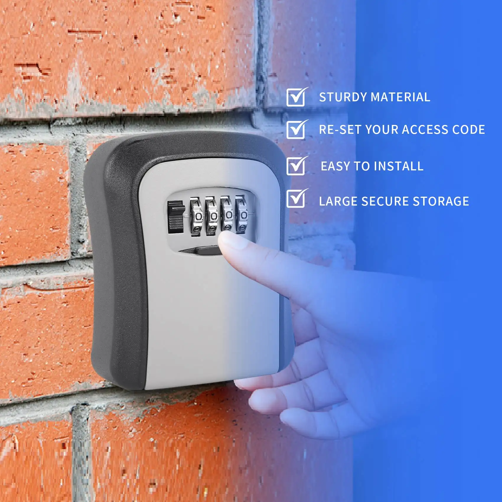 AEE7-Key Lock Box Wall Mounted Key Safe Box Weatherproof 4 Digit Combination Key Storage Lock Box Indoor Outdoor