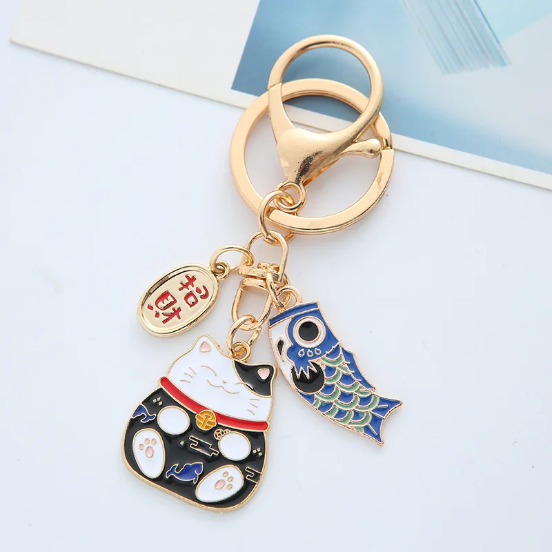 Cute Enamel Lucky Cat Keychain for Women Fashion Cherry Blossom Cat\'s Paw Koi Key Chain HandBag Decoration Jewelry Girls Gift