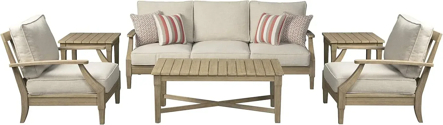 

%a Clare View Coastal Outdoor Patio Eucalyptus Sofa with Cushions, Beige