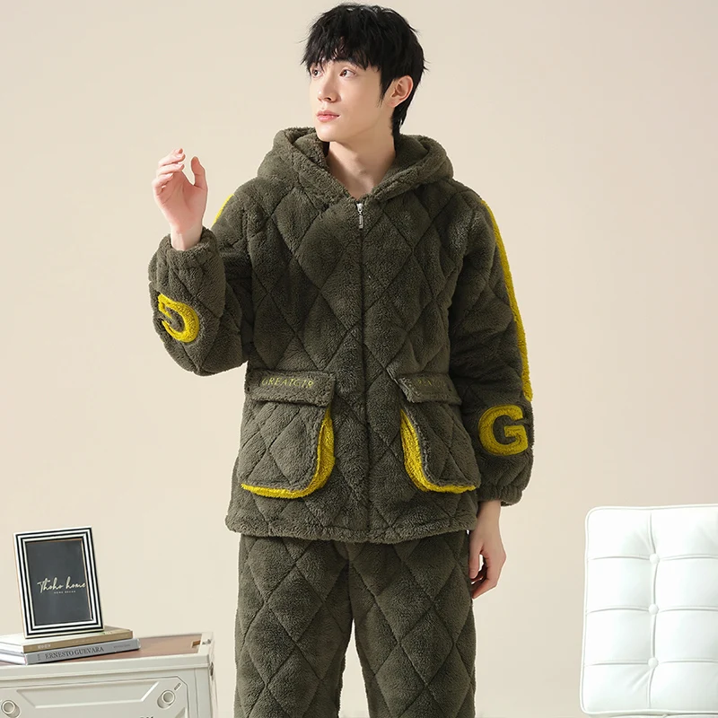 High Quality Winter Pajamas Set Men Thick 3 Layer Clip Cotton Sleepwear Suits Men's Clothing Pijama Hombre