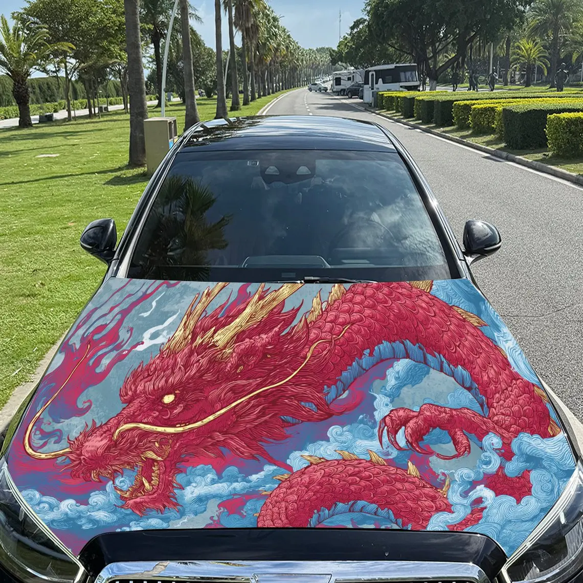 

Trendy Chinese Red Dragon PVC Car Hood Wraps, Self-Adhesive Waterproof Car Bonnet Decal Sticker, Car Decoration Protection Stick