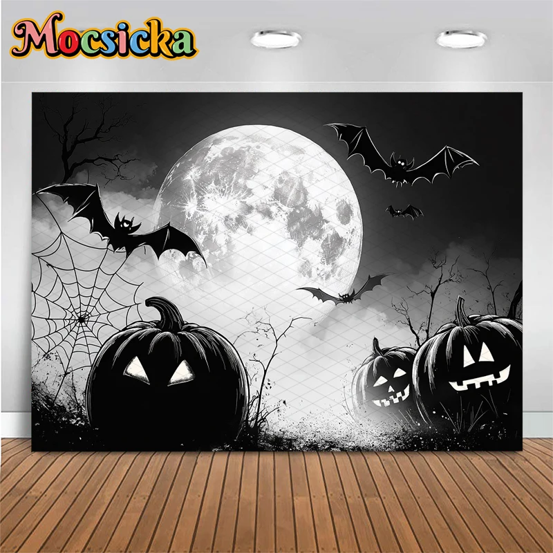Mocsicka ハロウィン背景 ブラック パンプキン パーティー ナイト ムーン 墓石 クモの巣 コウモリ ジャック・オ・ランタン 装飾 背景バナー