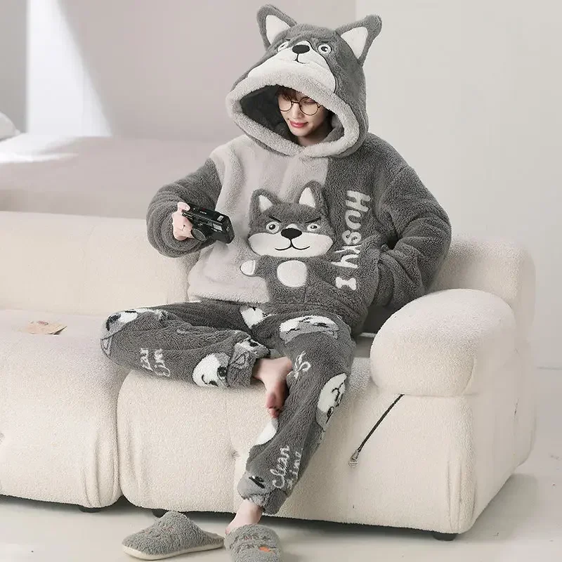 Autumn Winter Homewear Coral Fleece Men Pajamas Thick Fur Flannel Cartoon Boy Loungewear Sets Plus-size Nightgown Suit Pyjamas