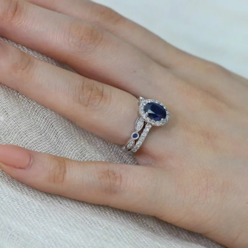 New Jewelry Egg shaped Sapphire Set with White Diamond Women's Set Ring Simple and Creative Style Women's Ring