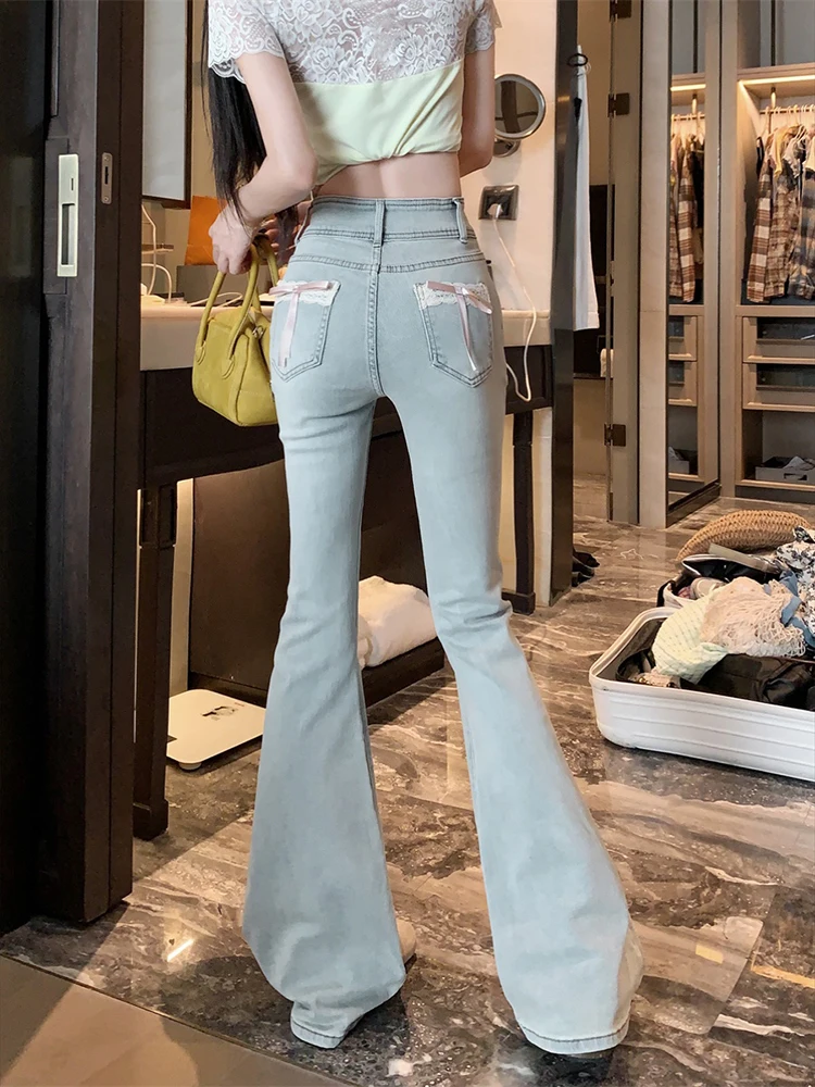 

Women Jeans High Waist Bowknot Embroidery Summer Fashion Denim Pants Fashion Streetwear Slim Long Trouser Casual