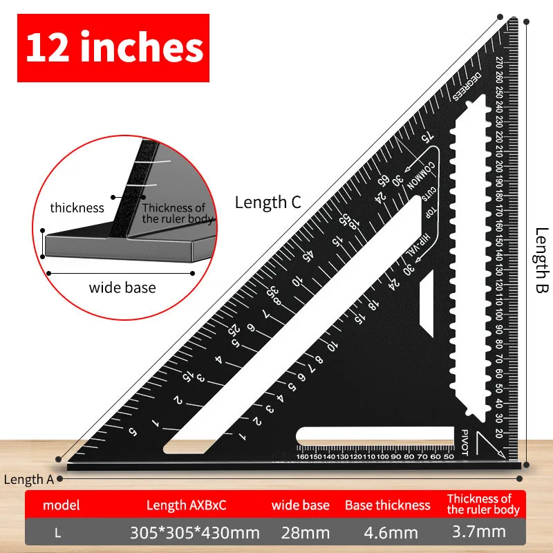 Durable Aluminum Alloy Woodworking Precision Angle Ruler 45 °/90 ° Decoration Marking Measuring Tool Clear Wear-resistant Scale