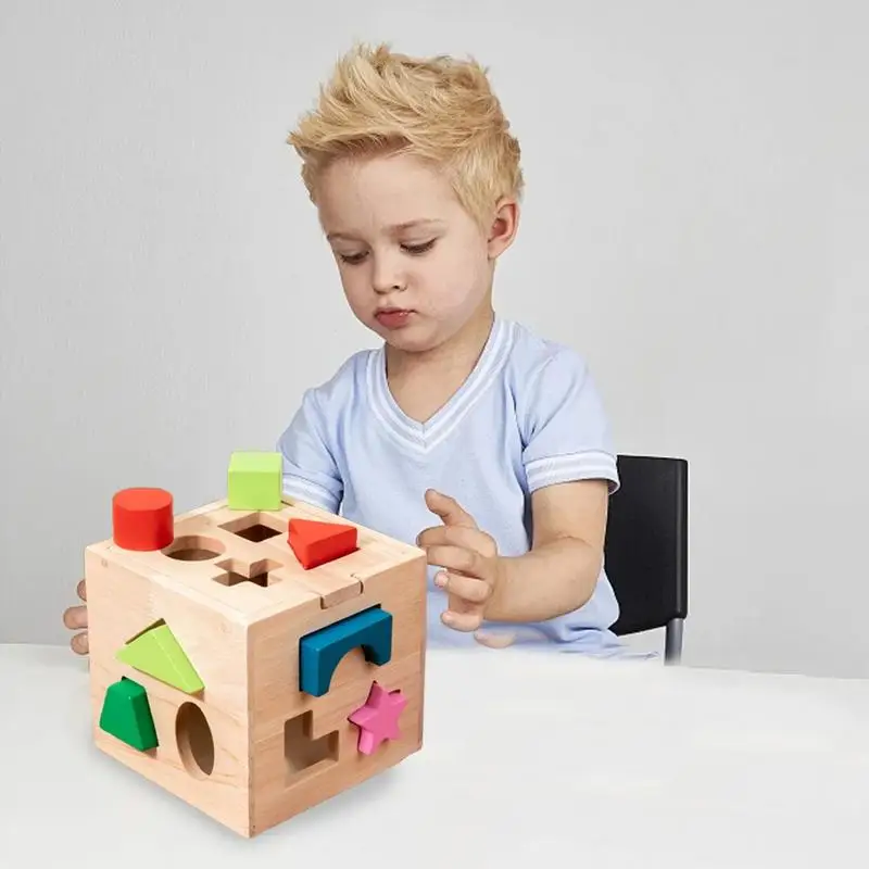 Shape Wooden Puzzle Toys Wooden Sorting Cube Shape Sorter Toy Fine Motor Classic Educational Toy Puzzle Games With 13 Shapes For