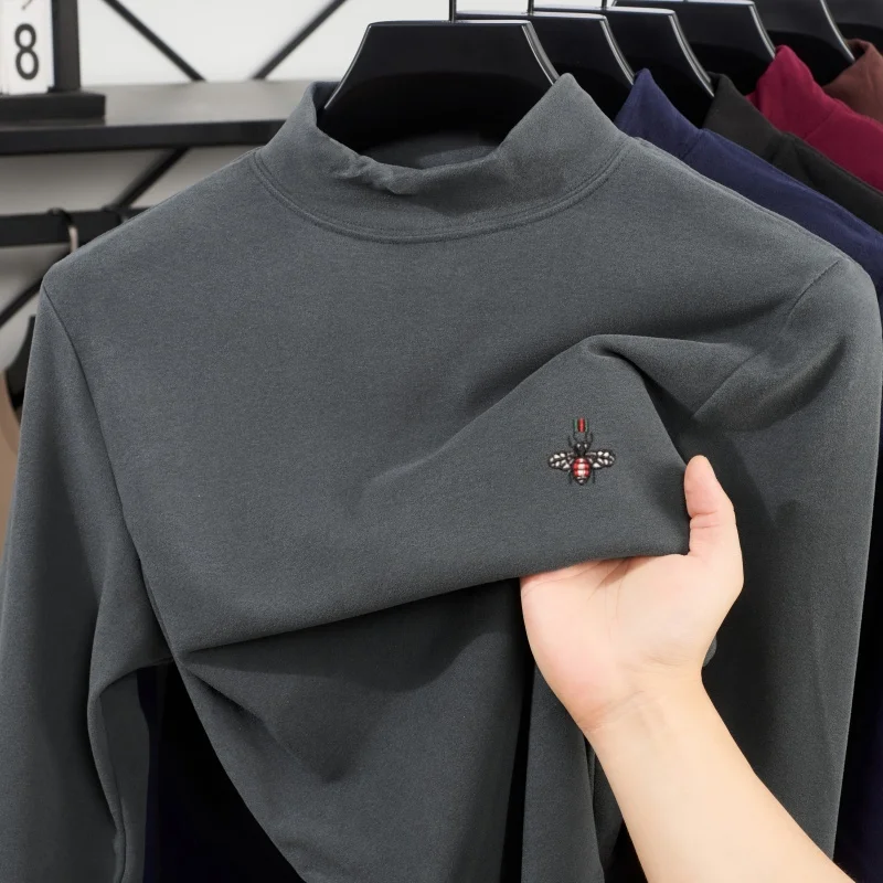 Men's new exquisite bee embroidered semi high neck long sleeved hoodie spring autumn daily commut leisure versatile top