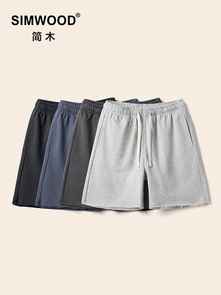 SIMWOOD 2025 Summer New Oversize 390gsm Drawstring Shorts Men Raw Hem Athletic Sports Runinng Shorts
