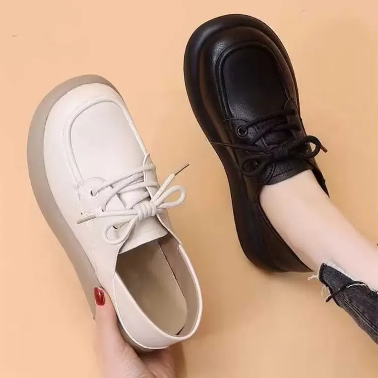 

Small leather shoes women's 2025 spring new lace up single shoes women's flat shoes