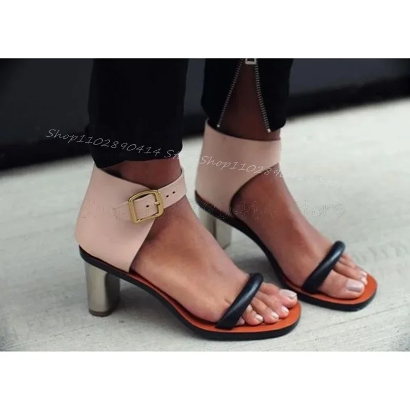 

Black Matte Leather Open Toe Gold Heel Sandals Ankle Buckle Strap Women Shoes Chunky High Heels Banquet 2025 Zapatos Para Mujere