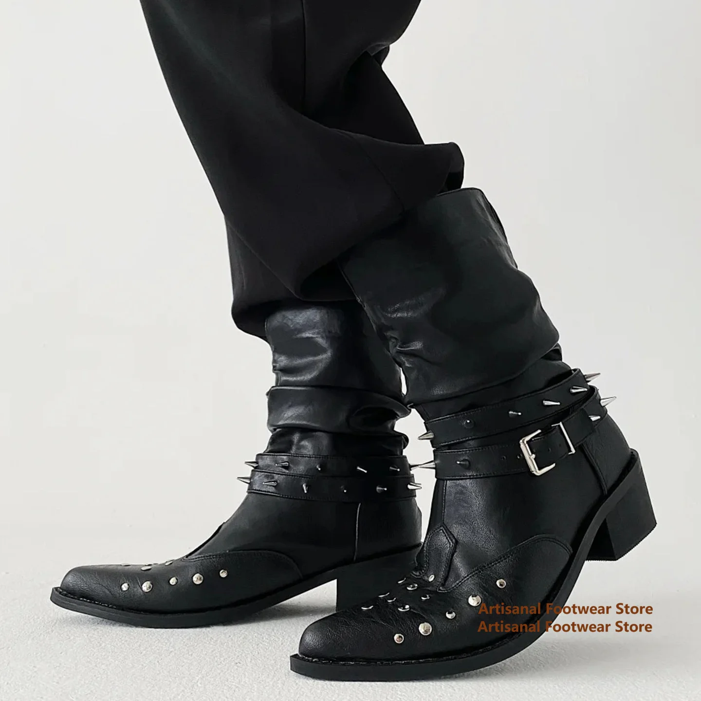 Spiked Studded Multi Strap Buckle Men's Boots Pointed Toe Slouchy Western Cowboy Boots Block Heel Punk Leather Mid Calf Boots