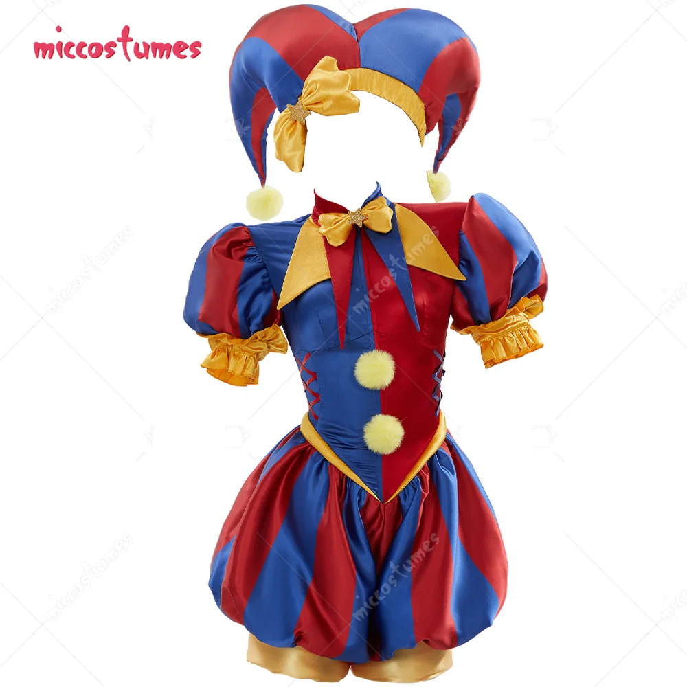 Miccostumes Women Clown Cosplay Costume Blue Red Jumpsuit and Hat with Gloves and Socks