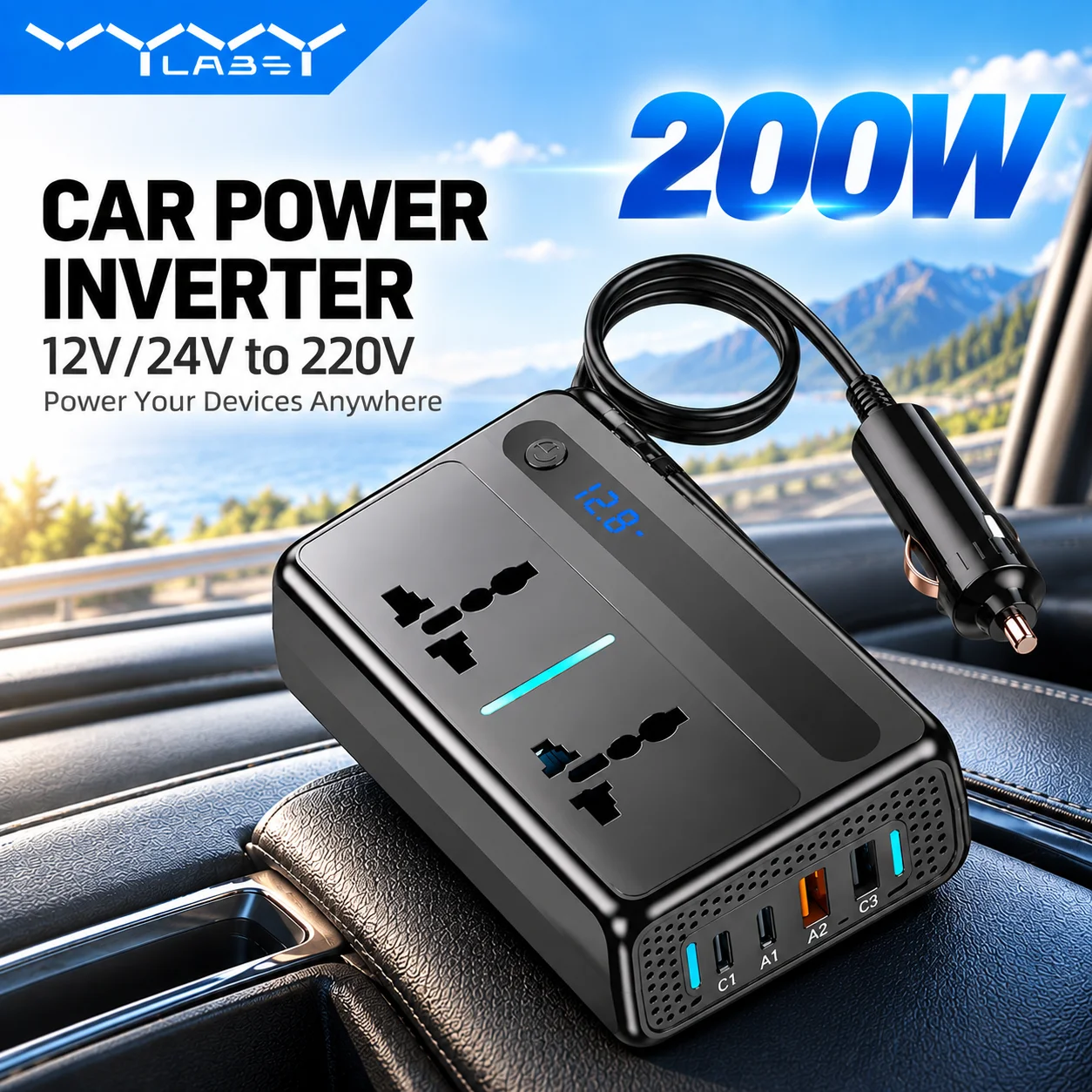 Vyvylabs Car Power Inverter 200W 12V DC To 220V AC Converter Auto Power Adapter Type C USB Fast Charging Station Car Accessory