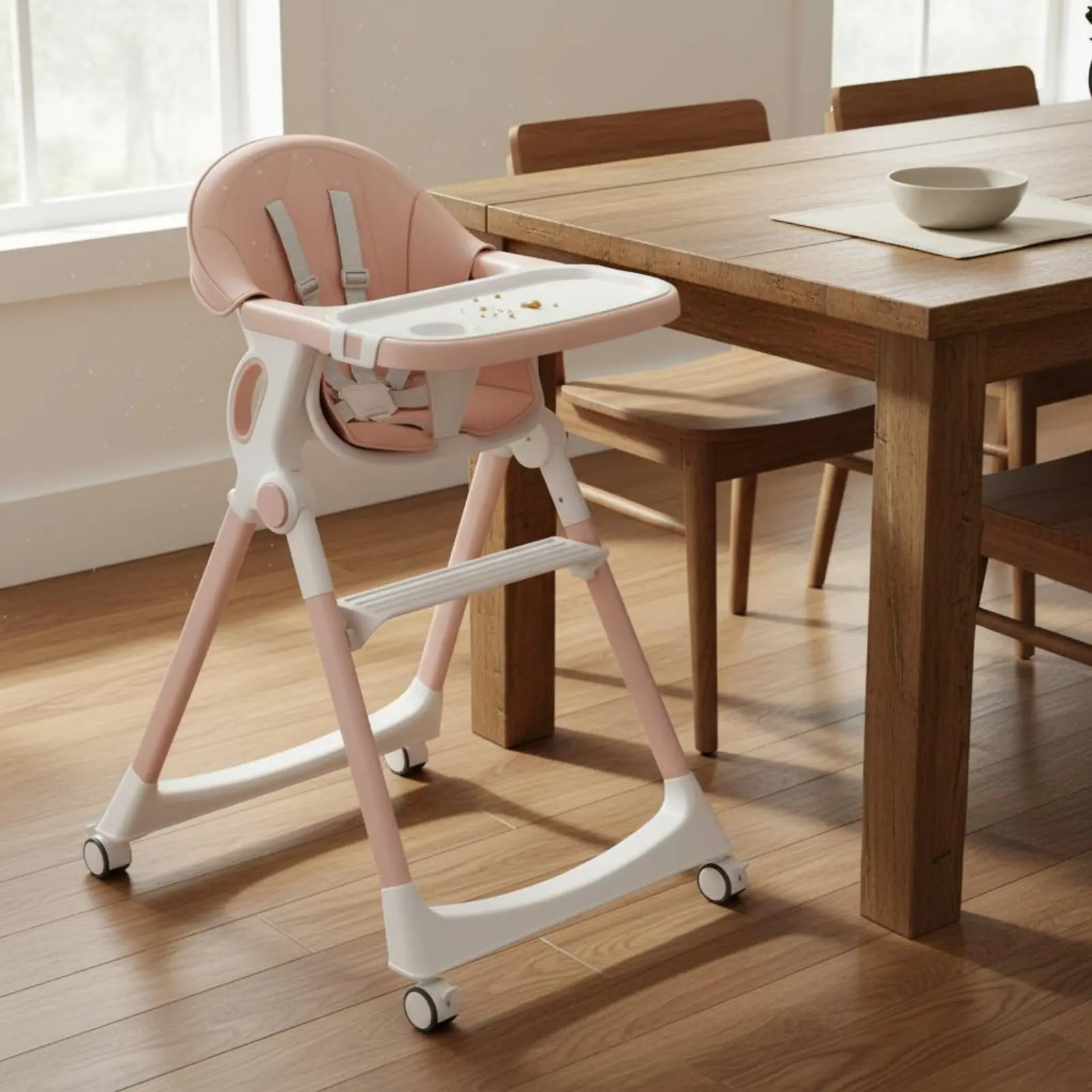 Adjustable Baby Dining Chair Stable Pyramid Framework Foldable Baby High Chair Adjustable Child Seat Soft PU Padding