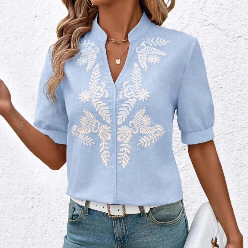 

Women's Clothing Summer New V-neck Fashion Pure Cotton Embroidered Short Sleeve Casual Shirt for Women