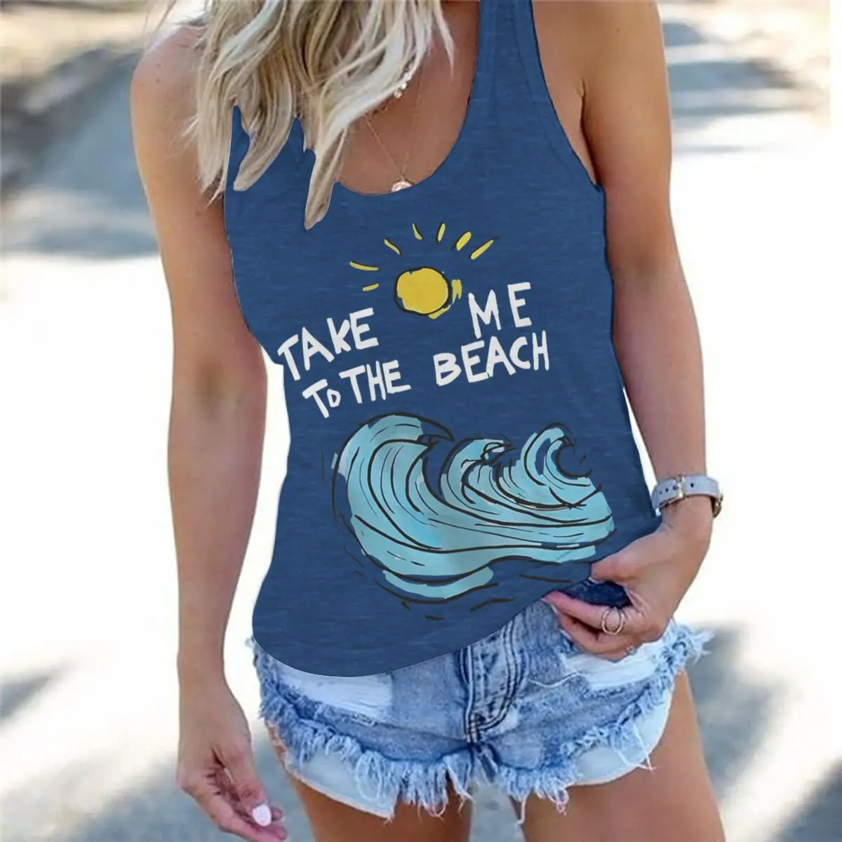 Women Vintage Hand Drawn Ocean Graphic Racerback Tank Top Summer Vacation Take Me To The Beach Sleeveless Basic-Fit Vest