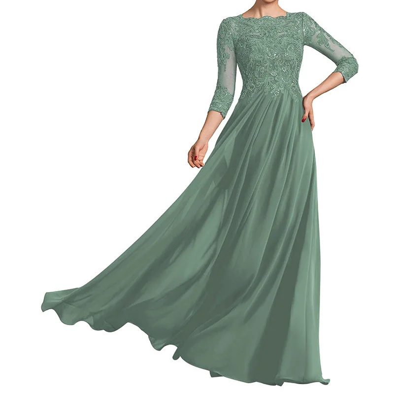 QMANSHA Maßgeschneidertes langes Brautjungfernkleid mit dreiviertellangen Ärmeln, Spitze, Chiffon, formelles Abendkleid, A-Linie, Hochzeits- und Partykleid – Detail 8