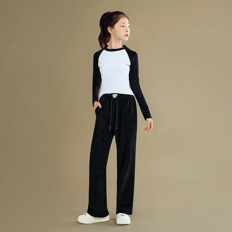 Baby Girl Pants Children Soft Corduroy Girls Trousers Big Children 2024 Autumn New Casual Children Straight Fashion Pant Black image 2