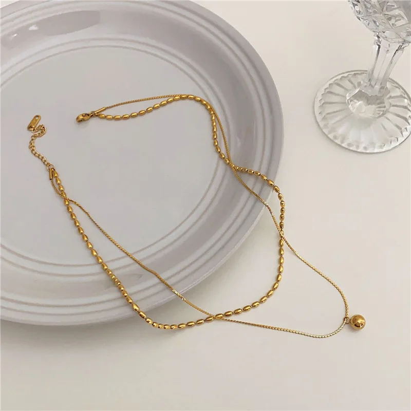 ANENJERY 316L Stainless Steel Double Layer Round Beads Pendant Necklace for Women Fashion Temperament Jewelry Accessory