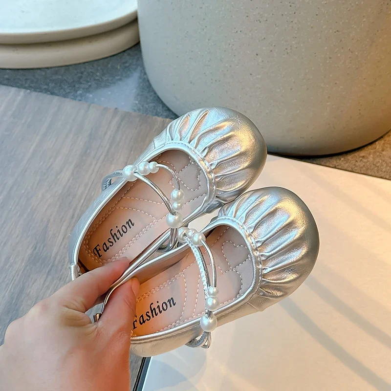 Children Leather Shoes for Girl 2024 Autumn New Fashion Princess Style Soft Bottom Elegant Beading Versatile Trendy Casual Flats