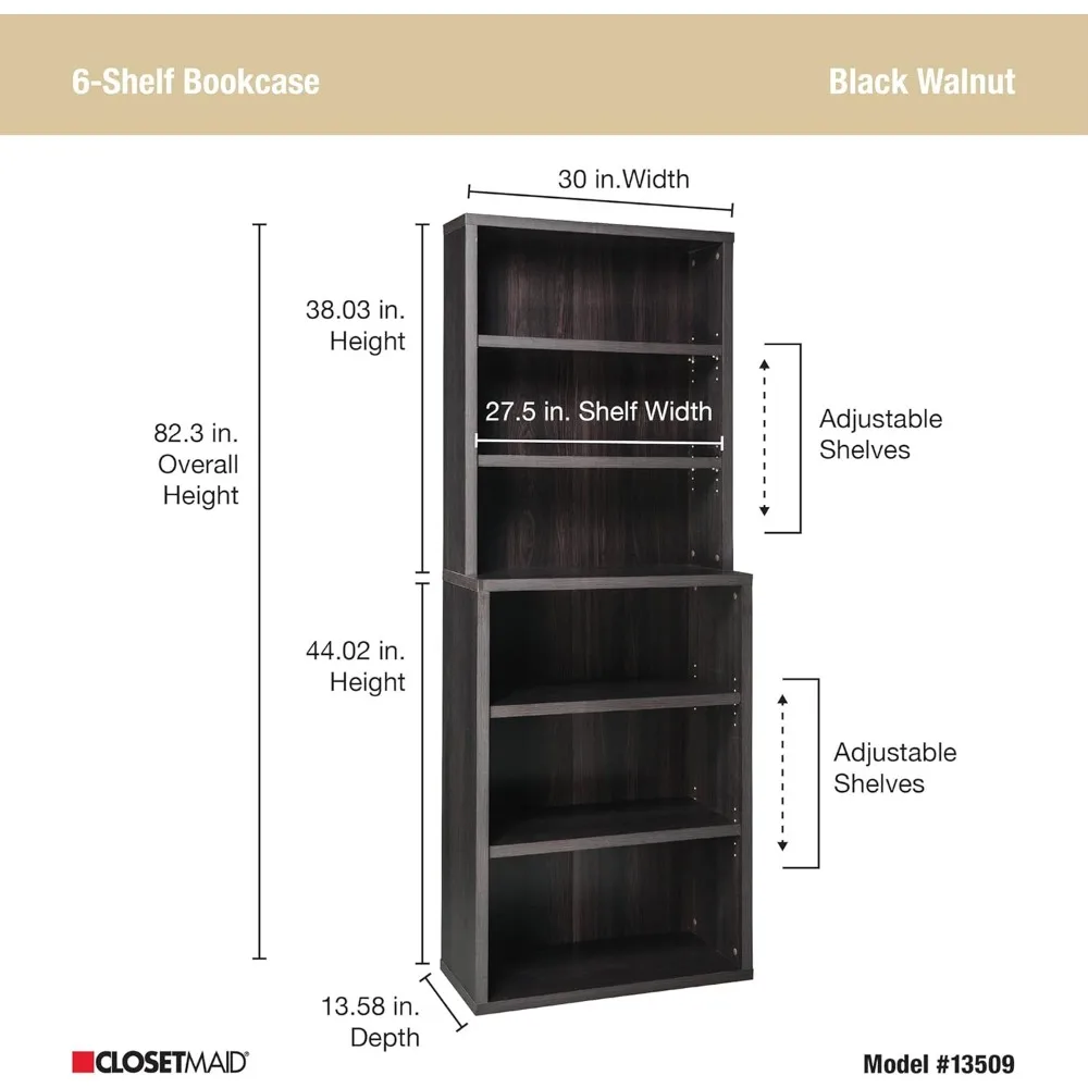 Boekenplank met 6-laags, verstelbare planken, hoge boekenkasthok, stevig hout met gesloten achterpaneel, zwarte walnootafwerking