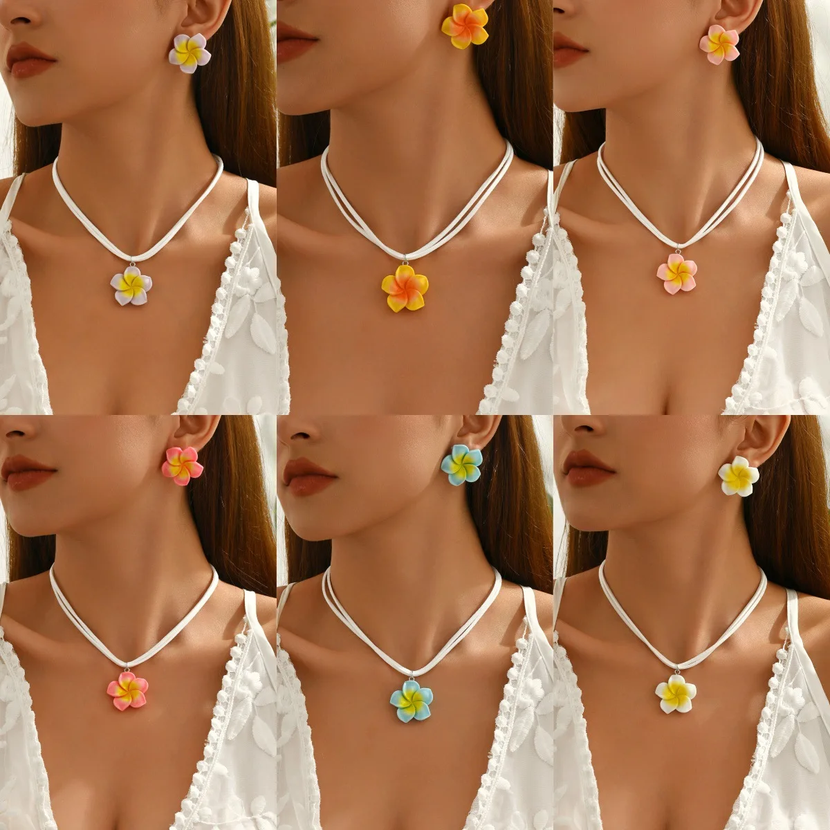 

Boho Gradient Egg Flower Pendant Jewelry Set for Women Korean Velvet Rope Necklace Earrings Girls Summer Beach Party Jewelry